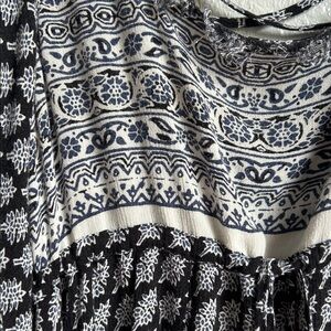 Free People Boho Black/blue/Ivory Kimono Sleeve Tassel Mini Dress Festival Small